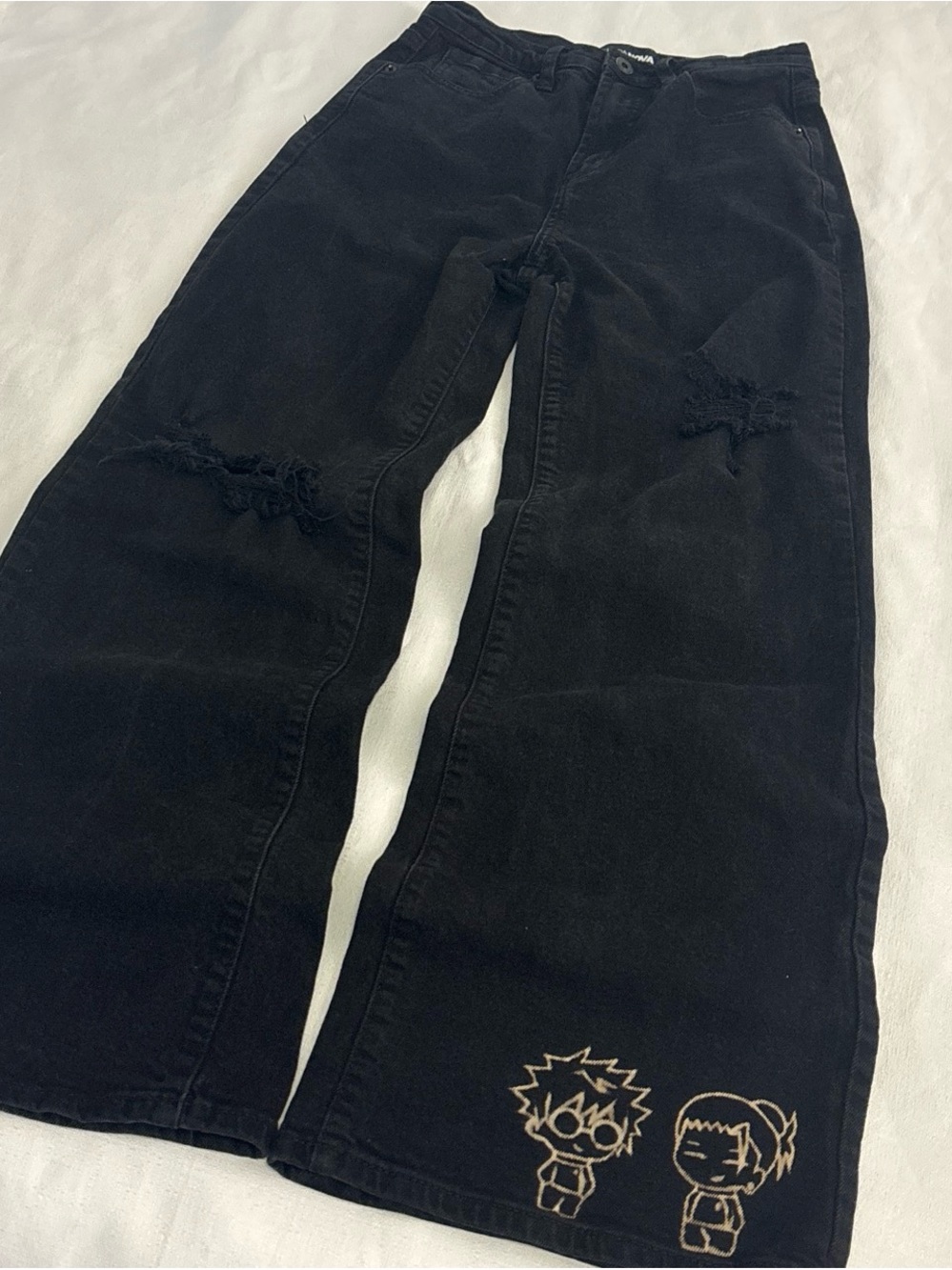 Hand Bleached Chibi Gojo & Geto Black Jeans